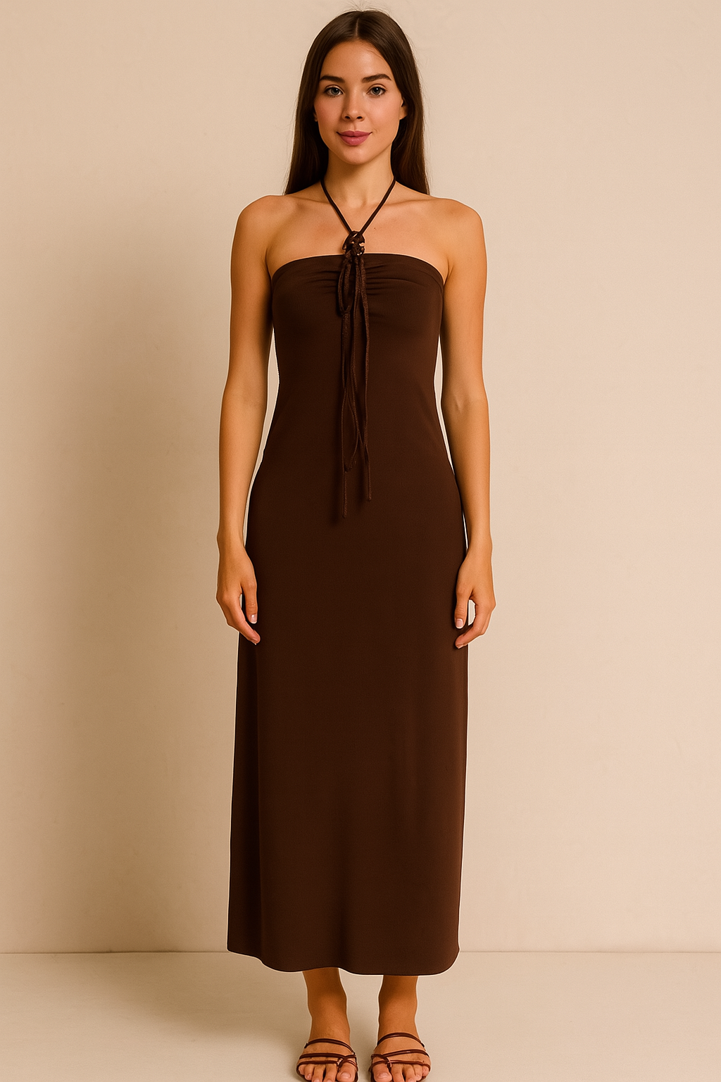 Abito lungo marrone con laccetti – Chic e seducente