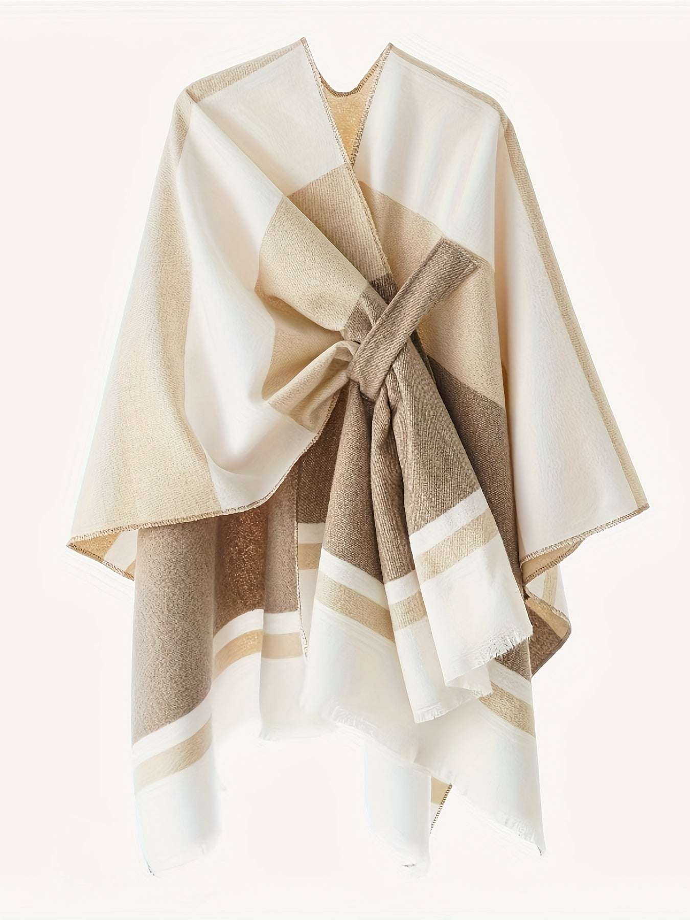 Poncho elegante con design geometrico e cintura frontale