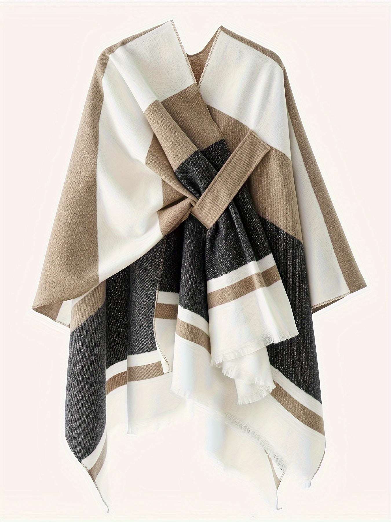 Poncho elegante con design geometrico e cintura frontale