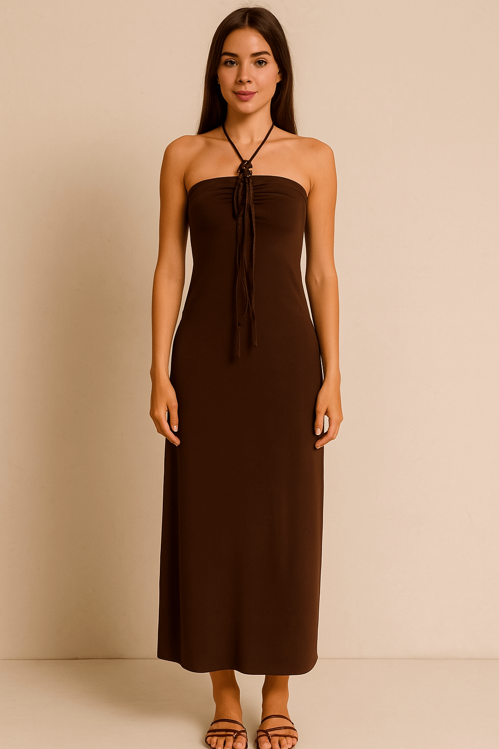 Abito lungo marrone con laccetti – Chic e seducente