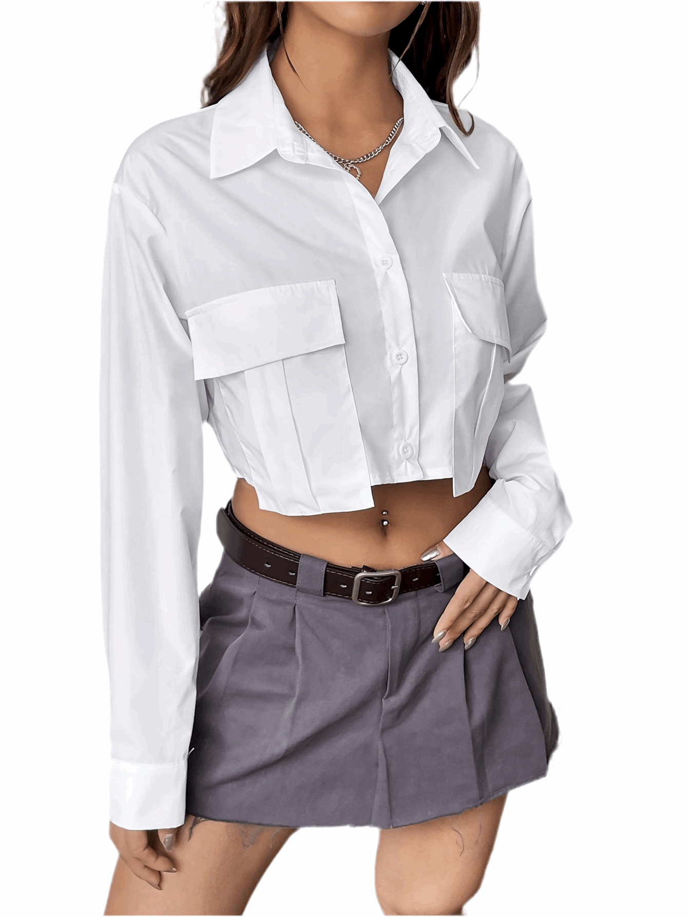 Camicia corta con tasche frontali e maniche lunghe