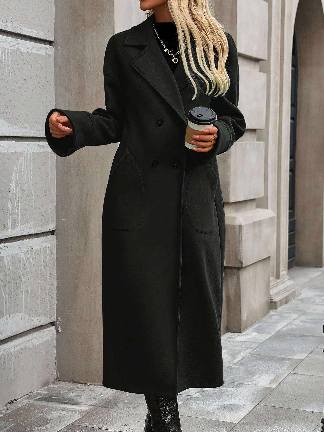 Cappotto lungo donna elegante invernale con bottoni e tasche