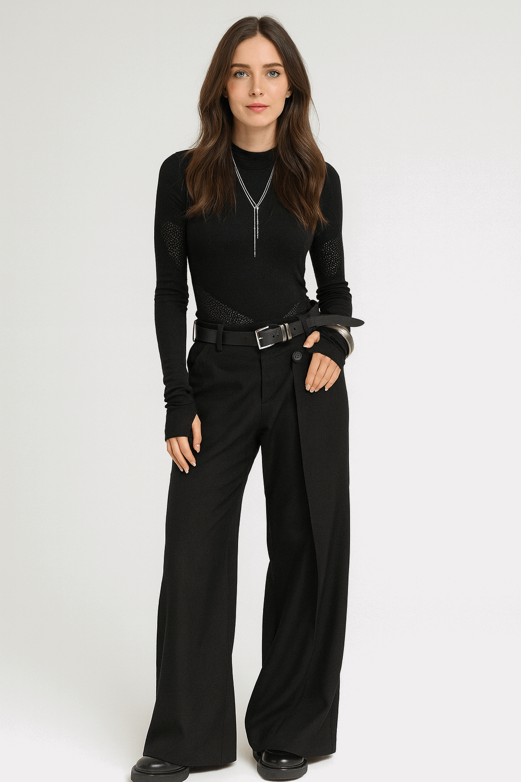 Pantaloni donna a gamba larga con vita alta