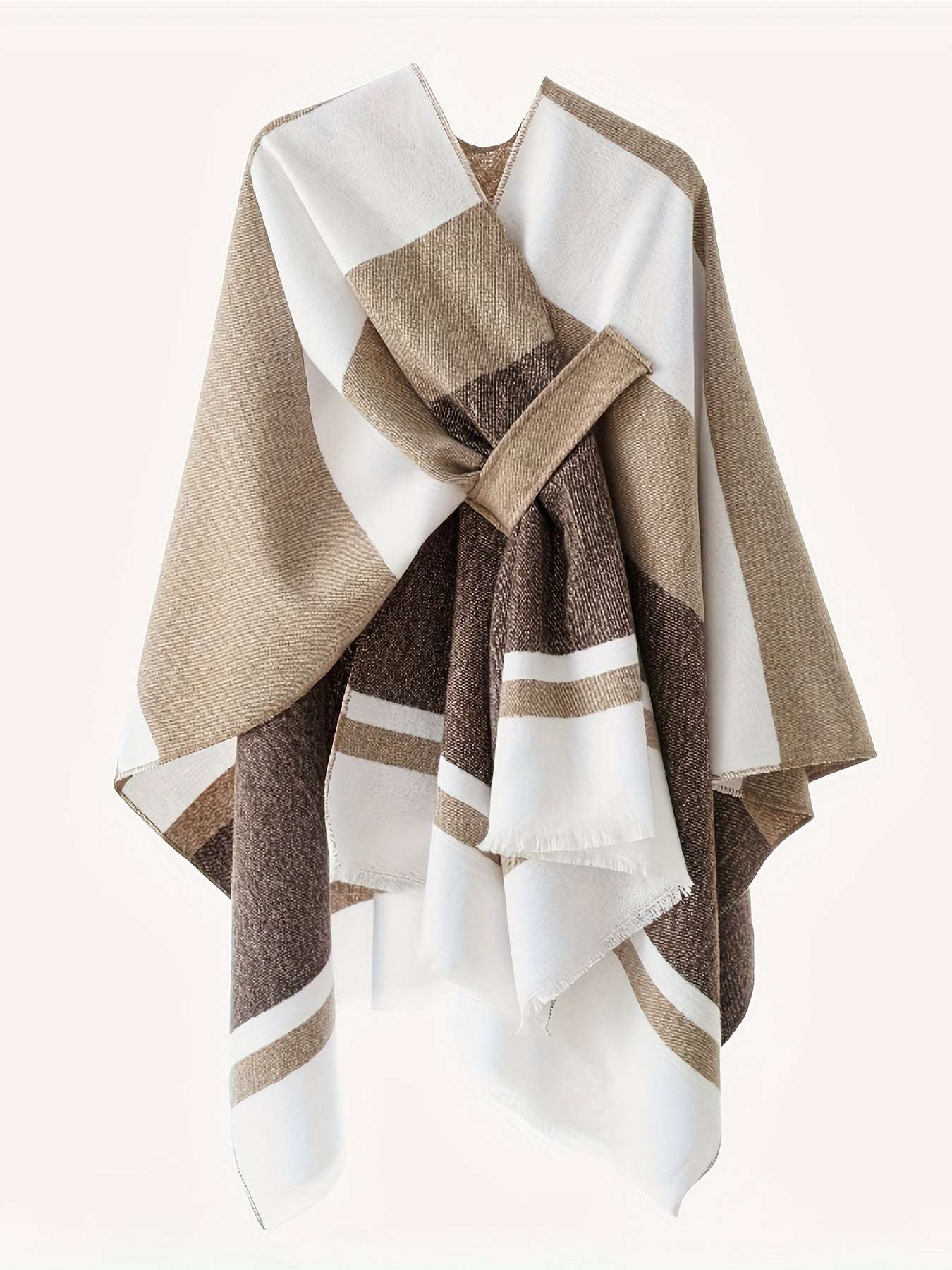 Poncho elegante con design geometrico e cintura frontale